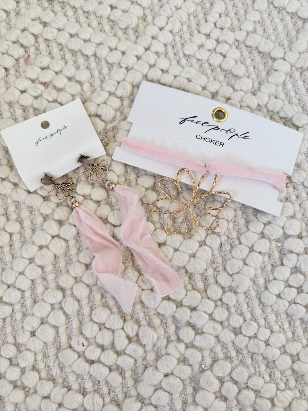 Set of Free People Annabelle Pink Ribbon Choker & Lulu Dangles Pink Velvet Gold